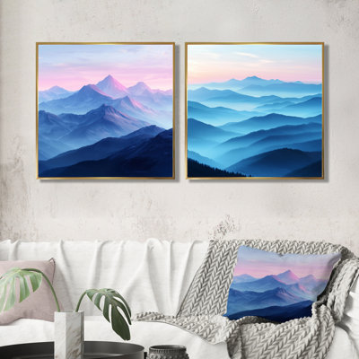 Montagnes mauves dans la lumière du matin I - Art mural paysage de montagnes - ensemble de décoration murale traditionnelle 2 pièces