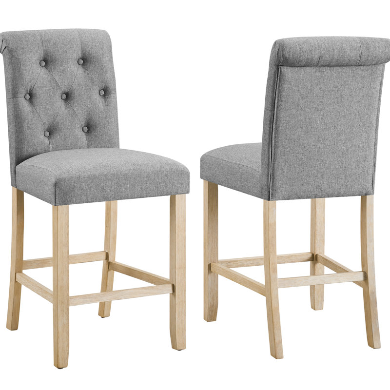 2 tabourets gris à hauteur de comptoir, 2 dossiers, siège rembourré, structure en bois, 2 tabourets à dossier capitonné exceptionnellement solides