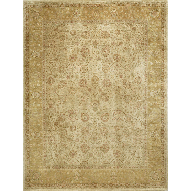Tapis oriental rectangulaire en laine noué à la main crème / or, Rectangle 6 pi x 9 pi