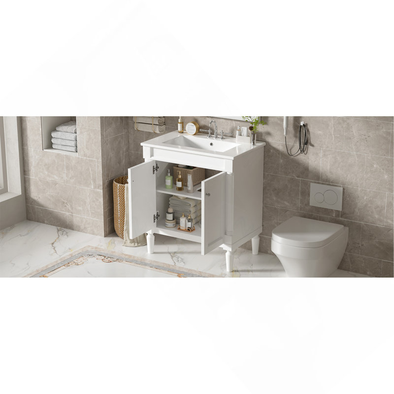 Armoire de meuble-lavabo 30 po avec lavabo en céramique, 30 po, armoire de rangement avec portes à fermeture douce et pieds en bois massif