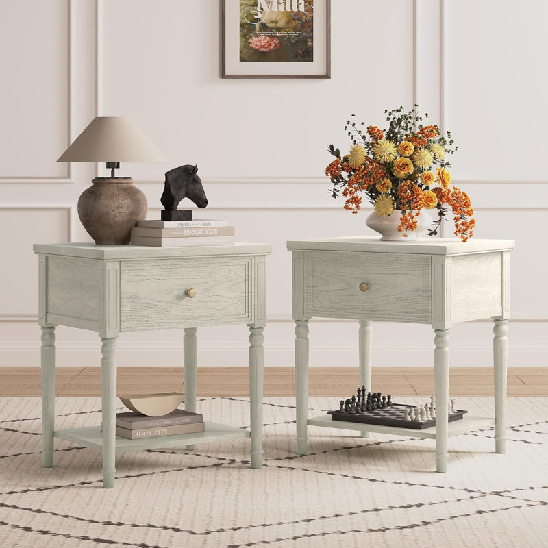 Ensemble de 2 tables de chevet carrées en bois massif, de style moderne, Gris