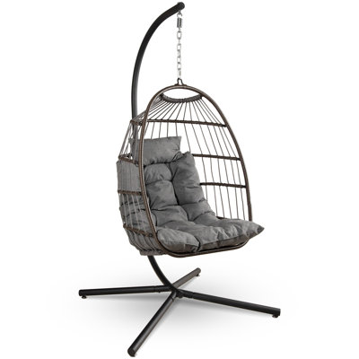  Foldable Egg Chair With Stand – Hanging Rattan Wicker Swing For Indoor Outdoor Use – 350 Lbs Capacity, Breathable Cushion & Headrest – Patio, Balcony, Porch, Bedroom Lounge Furniture