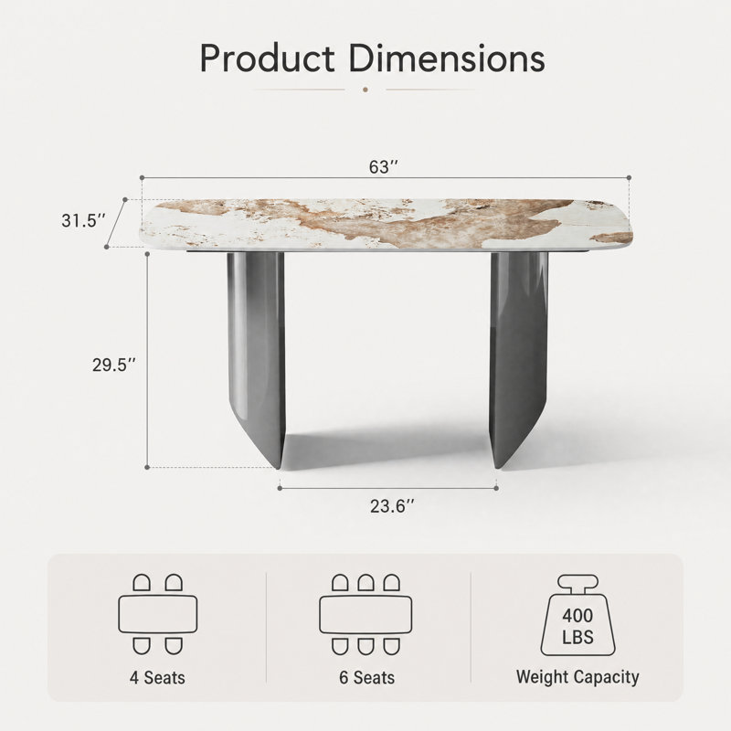 Wakenda 63" Modern Rectangular Sintered Stone Dining Table With Stainless Steel Base, 31.5" W x 63" L, Gray
