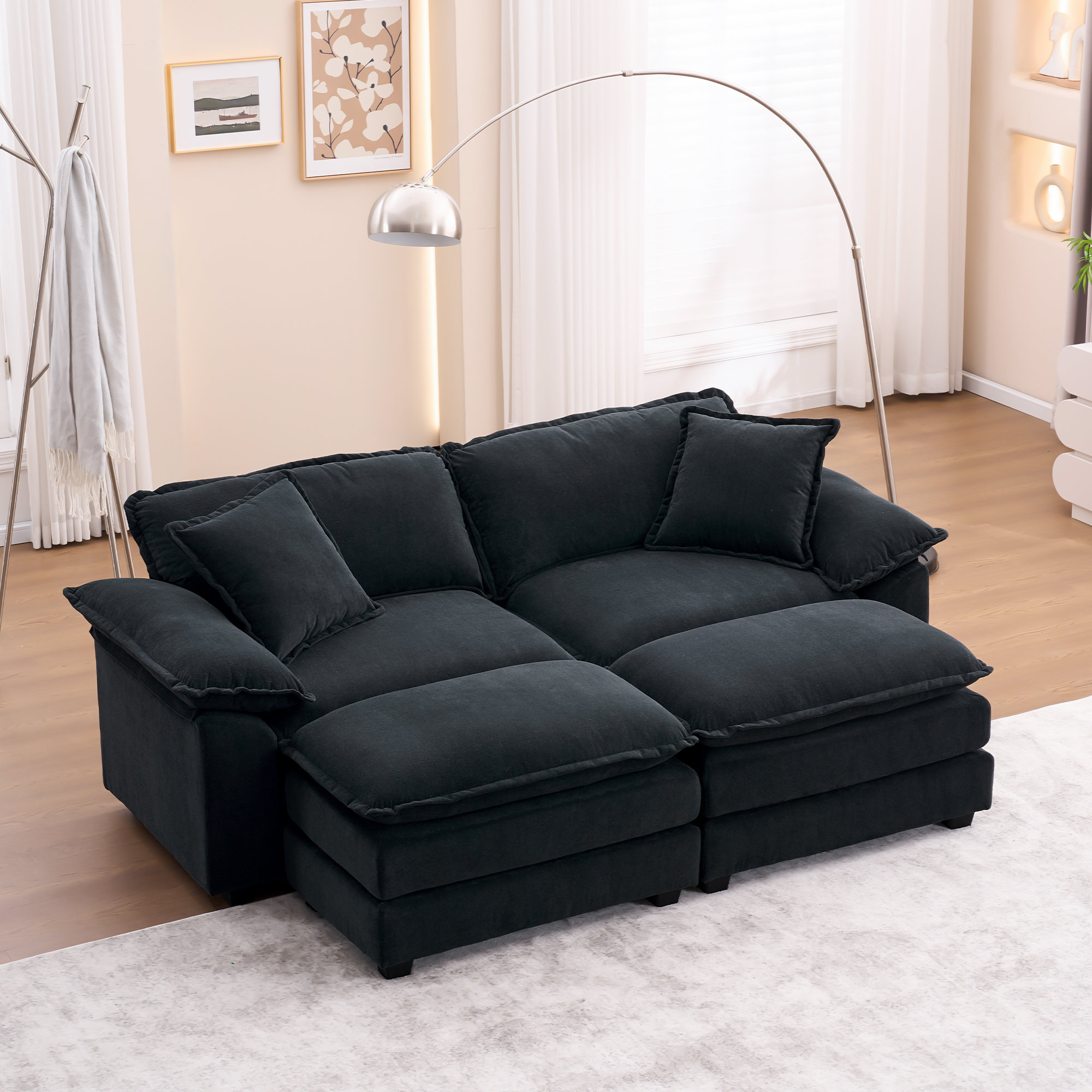 Hallam 84.6'' Oversized Upholstered Sofa, Comfortable Corduroy Velvet Cloud Couch, Modular Combo Loveseat with 2 Ottomans