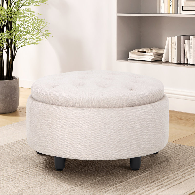 63.5Cm Tufted Round Cube with Storage Ottoman, Beige