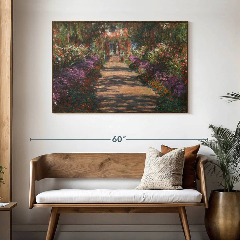 Un sentier dans le jardin de Monet à Giverny, 46 po x 31 po, Cadre flottant en noyer