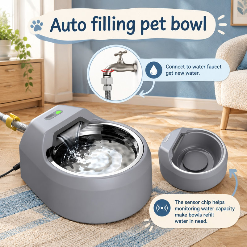 Distributeur d'eau automatique pour chiens, se connectant à une arrivée d'eau et utilisant l'alimentation USB pour remplir automatiquement la gamelle.