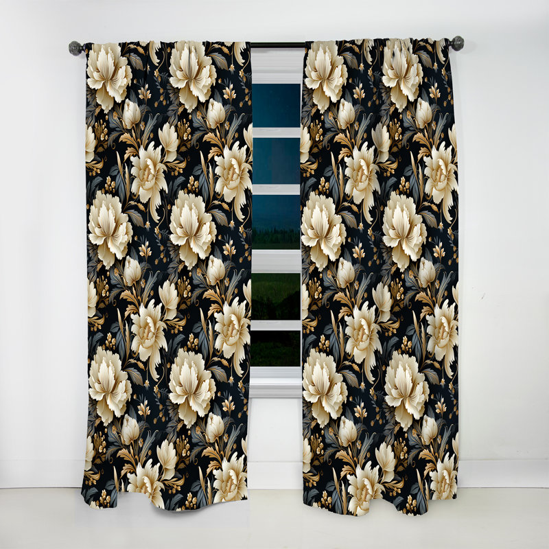 Beige And Blue Damask Fusion I - Bohemian Curtain - Velvet Room Darkening - 1 Panel, 52" W x 90" L