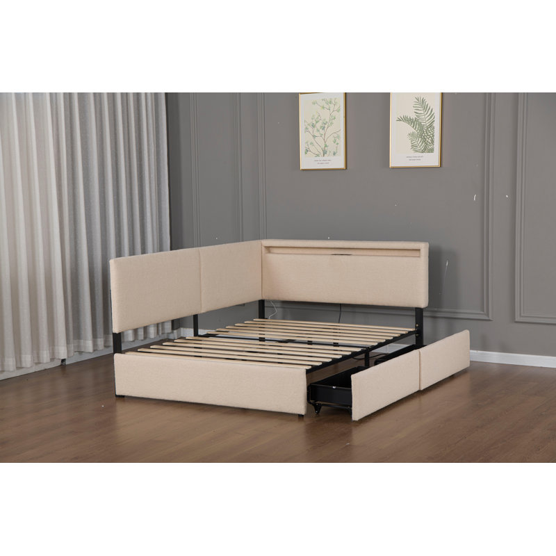 Lit d'angle capitonné double avec tête de lit à droite, éclairage DEL, port USB, 2 tiroirs de rangement, sommier à lattes et pieds en bois massif, beige