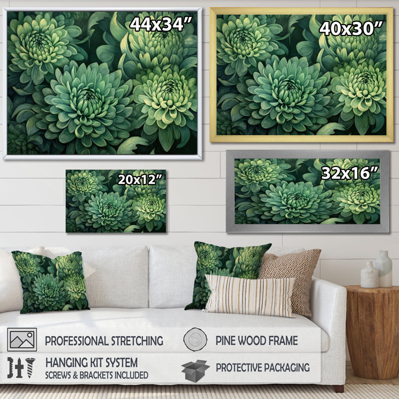 «Green Mums In Bloom» sur toile, Cadre flottant blanc, H 34 po x l 44 po x P 1,5 po