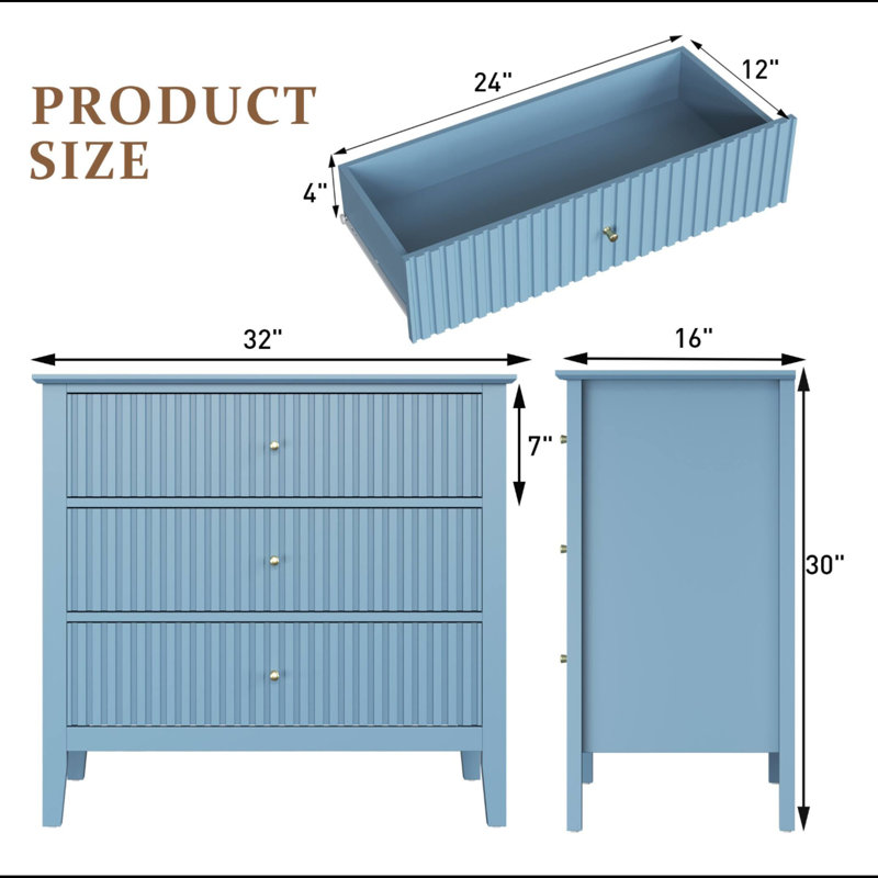 Commode 3 tiroirs 32 "avec façades cannelées, Light Blue
