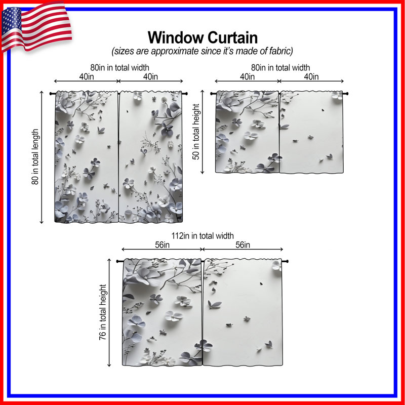 Paper Flowers Window Curtains Floral Sheer & Room Darkening - 2 Panels, 56in x 76in - 2 panels, Sheer