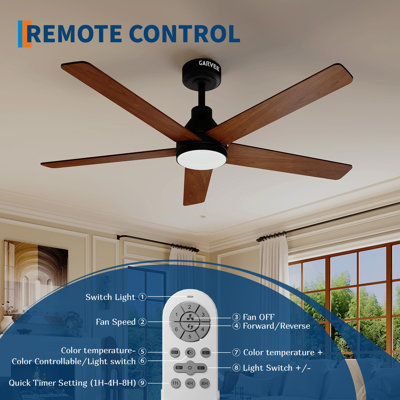 Ventilateur de plafond de 52 pouces avec lumière et télécommande en grain de bois brun foncé et noir, 5 pales en panneau de fibres à densité moyenne avec double finition, DEL à intensité variable 3 couleurs 24 W, moteur à courant continu réversible à 6 vitesses pour une utilisation à l'intérieur
