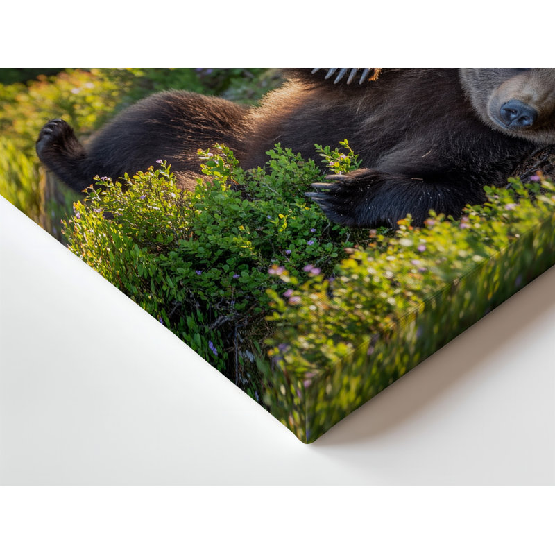 Toile dans une clairière de forêt sereine, un ours brun s'incline sur son art mural, son dos, son grand corps arrondi orné d'une toile épaisse