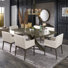 Carrazco Weathered Wood Finish Table With Cross Base Dining Set - 72" Table With Beige Linen, Track Arm Chairs, 7-Piece
