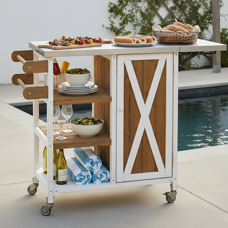 Îlot de cuisine extérieur pliable avec roues verrouillables et porte-serviettes, Brun / Blanc