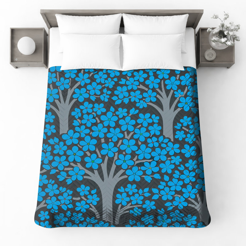 Blue Floral Trees Quilted Thin Bedspread, Full / Double