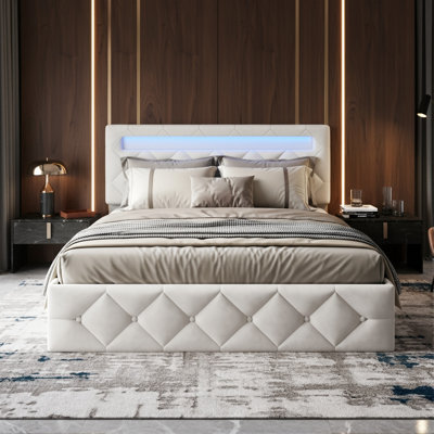 Apricot Velvet Ottoman Bed, RGB LED Headboard With Adjustable Height, European Double (140X200cm) & King (160X200cm) ,