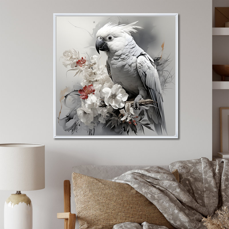 Gris gris perroquet tropical II - art mural perroquet, Cadre flottant blanc, H 16 po x l 16 po x P 1 po