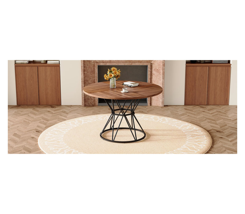 Table de salle à manger ronde 47,3 po pour 4-6, plateau industriel moderne en bois aggloméré grain de bois avec base en sablier noir