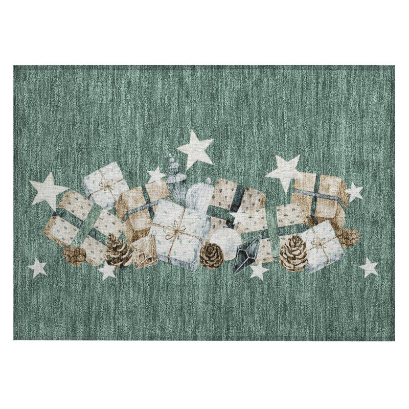 Machine Washable Indoor/Outdoor Christmas Presents Xhevrie Seafoam Rug, Rectangle 1'8" x 2'6"