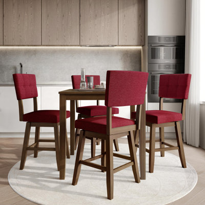 Ensemble de salle à manger à hauteur de comptoir 5 pièces avec chaises pivotantes en lin, rouge