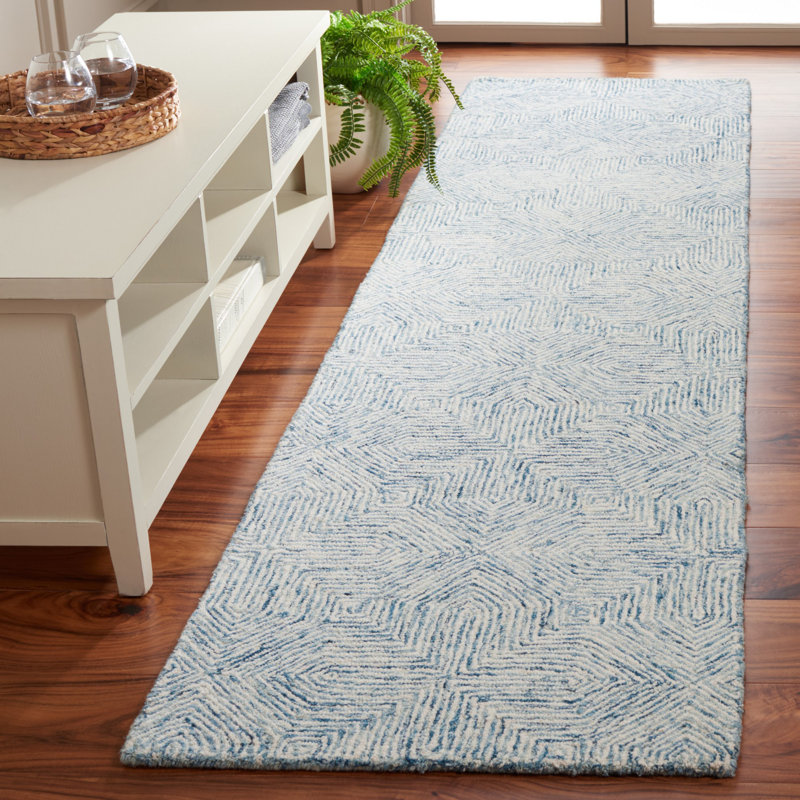 Jaykon Hand Tufted Wool/Cotton Geometric Rug in Blue/Ivory, Runner 2'3" x 9'