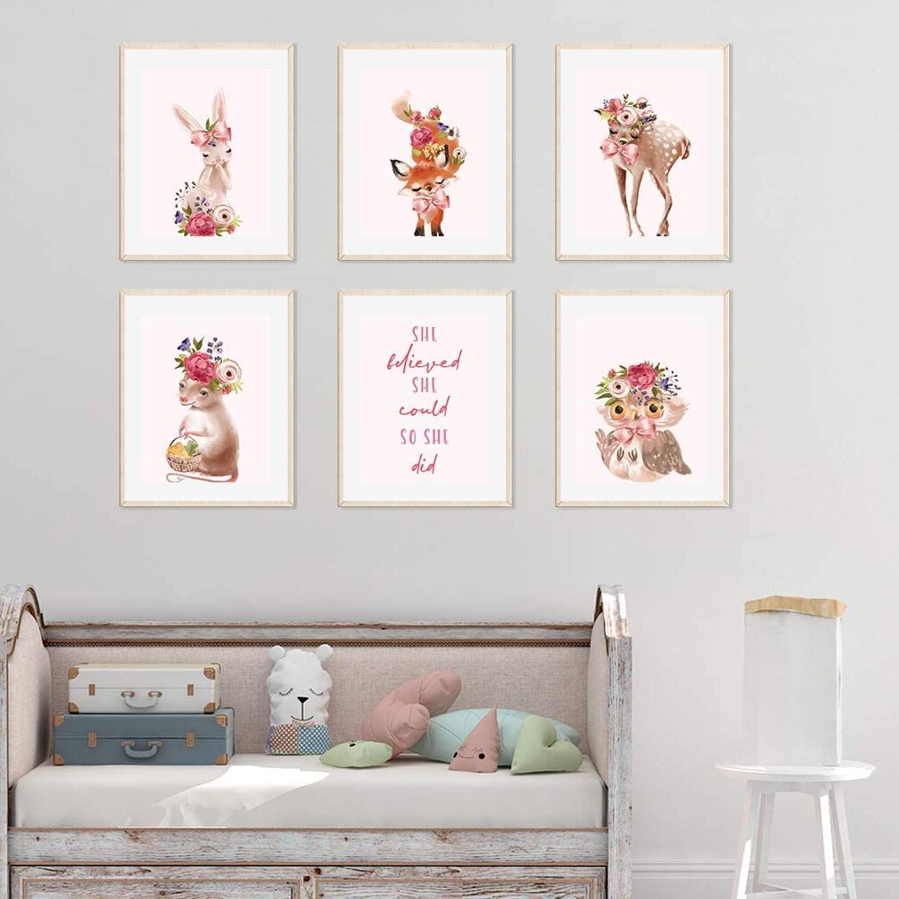 Little Girl Wall Art Print Woodland Feather Nursery Baby Room Blush Floral  Bohemian Watercolor Set Prints Printable Decor