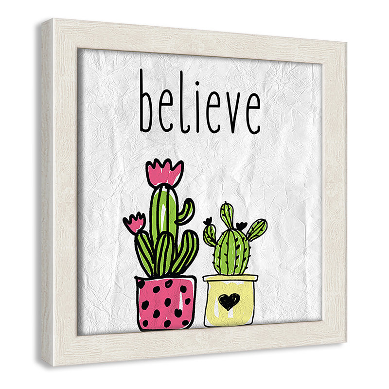 Cactus B, art encadré, 8" H x 8" W x 1.18" D, Encadré de boîte à grain de bois blanc