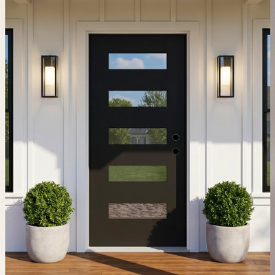 Porte d'entrée en fibre de verre 36 po x 80 po avec verre givré 5-Lite, ouverture vers la gauche, cadre en vinyle blanc de 4-9 / 16 po et moulure de brique, finition noire, style contemporain