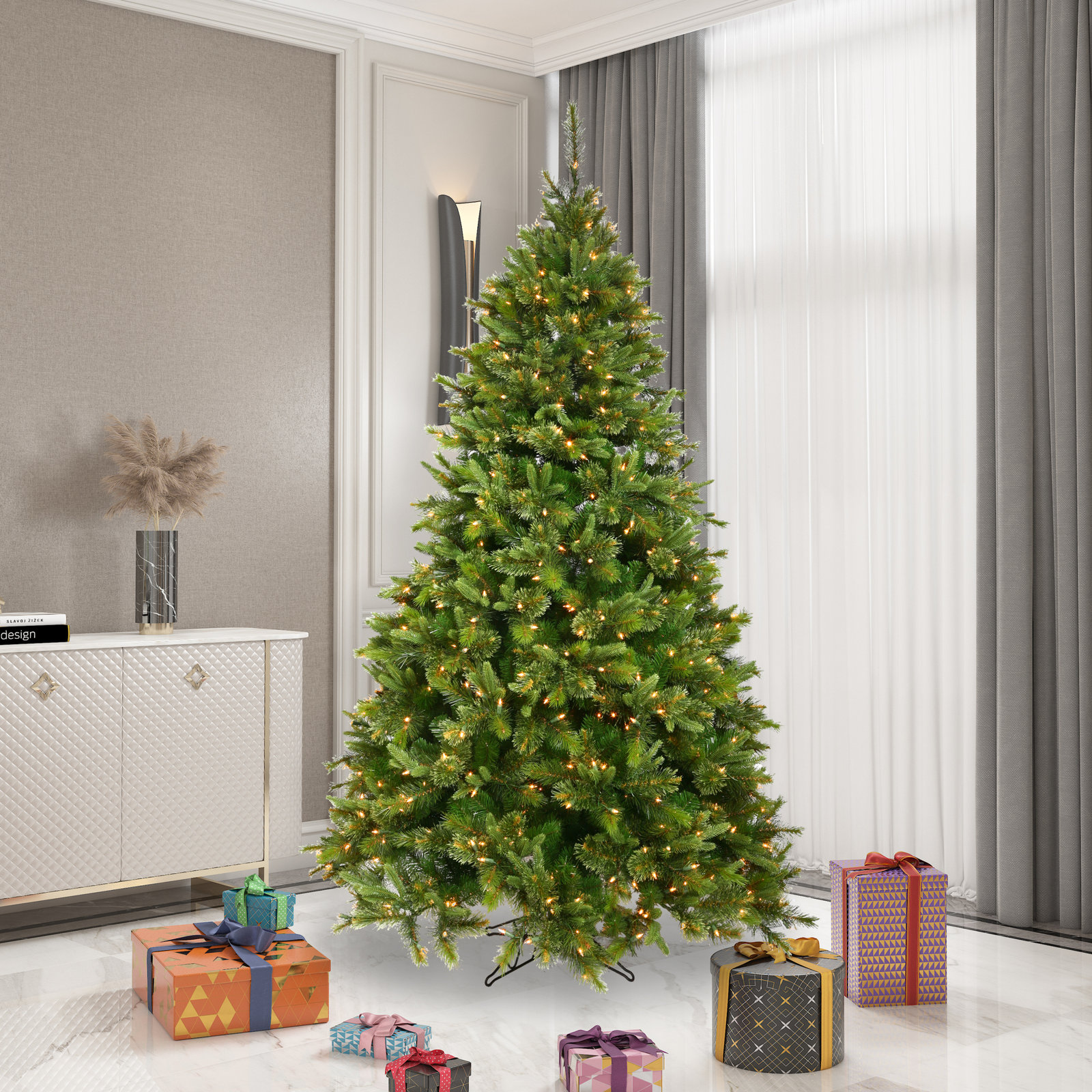 Green Pine Flocked Pre-Lit Pine Christmas Tree, 8.5' H, Warm White LED