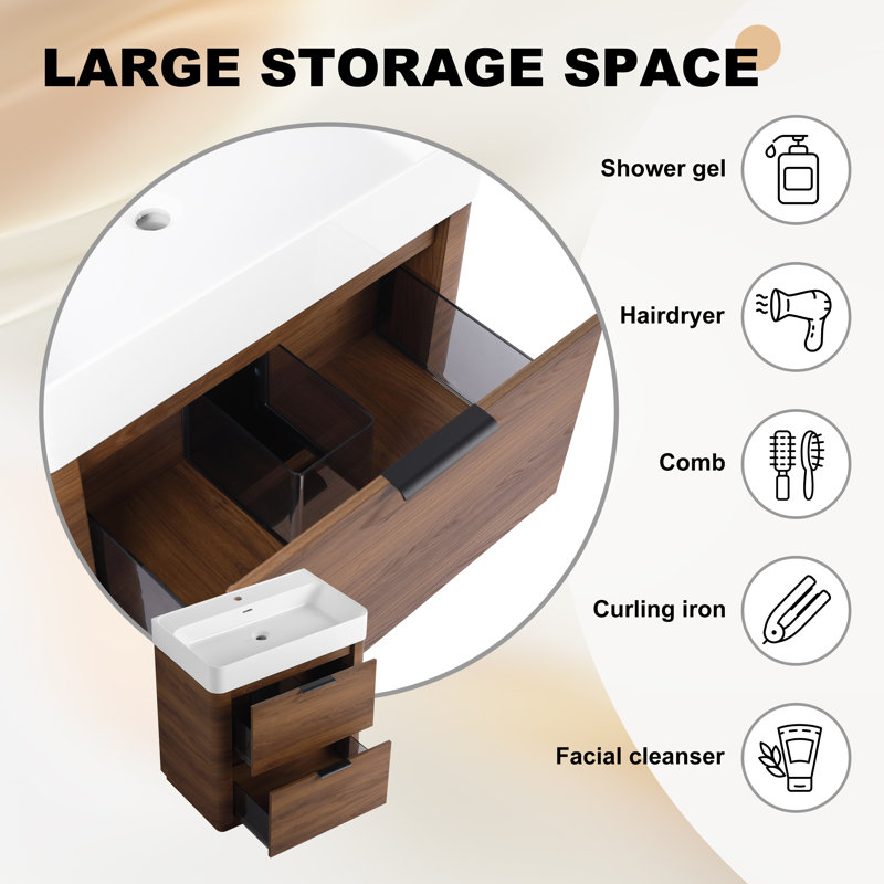 Meuble-lavabo moderne sur pied avec lavabo encastré en résine et deux tiroirs, 30"
