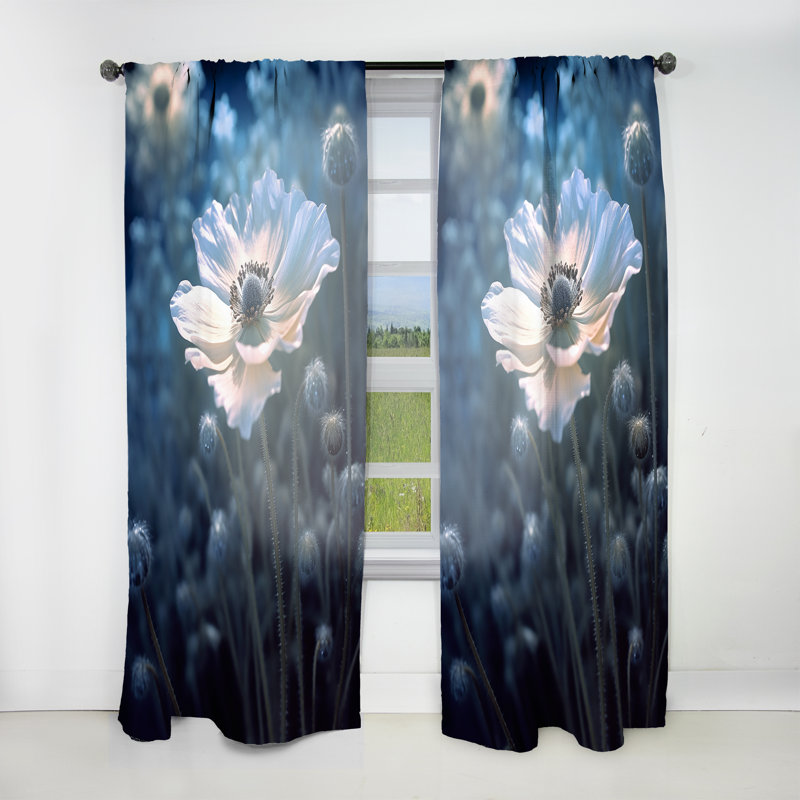 Elizaveta White Blue Petals And Beauty I - Traditional Curtain - Velvet Room Darkening - 1 Panel, 52" W x 95" L
