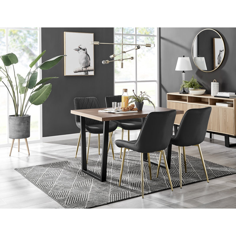Edzard Industrial Style Wood Effect Dining Table Set with 4 Luxury Velvet Upholstered Dining Chairs, Black/Gold