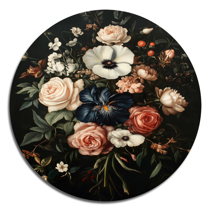 Bouquet Nuit Baroque II - Décoration Murale Ronde de Roses, Impression sur Métal, H 29 po x l 29 po