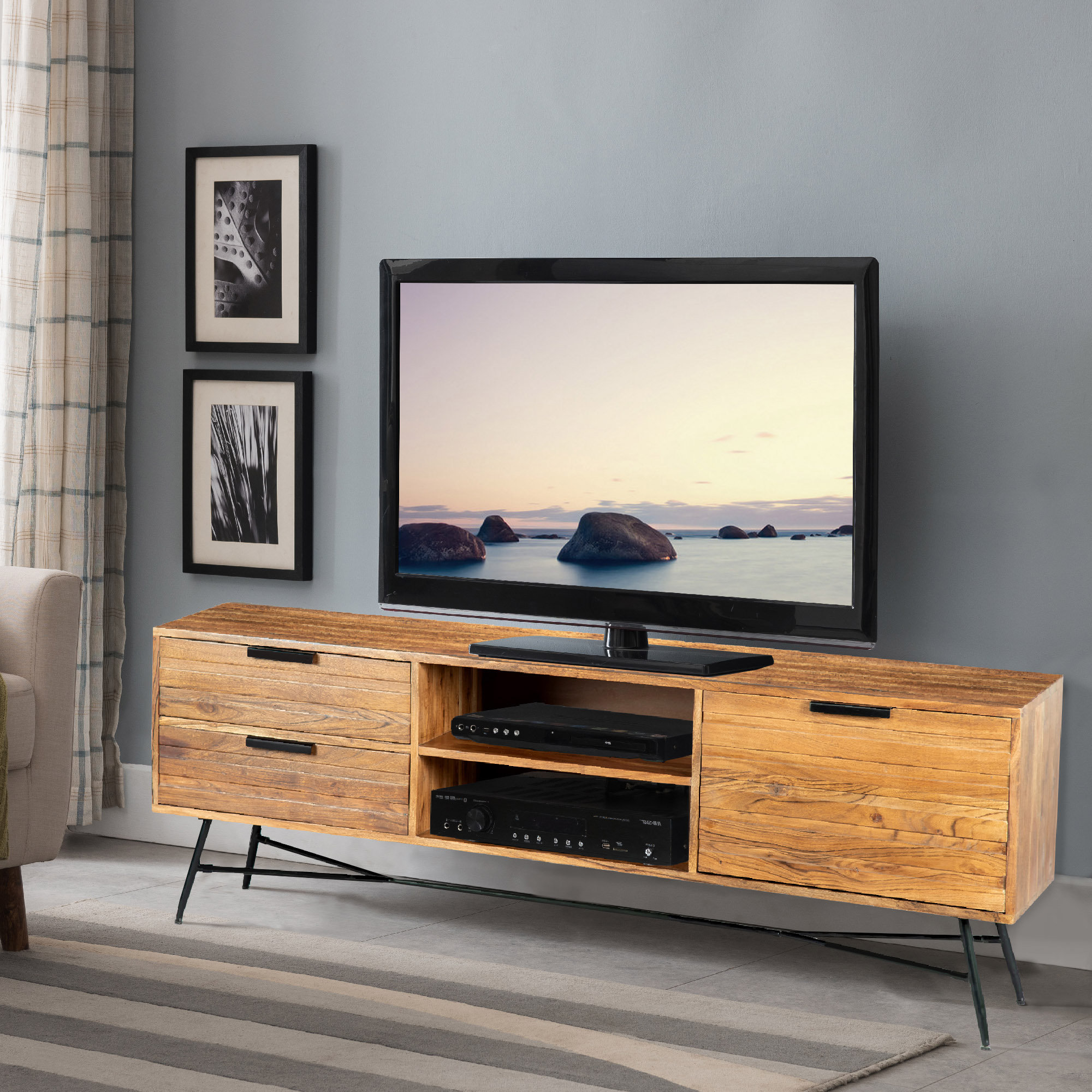 Slanted Console Loon Peakยฎ Jensin Wooden Media Console with Slanted Metal Base | Wayfair
