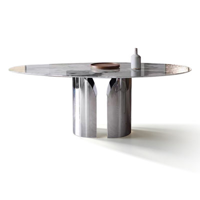 Silver Oval Marble+Stainless Steel Dining Table