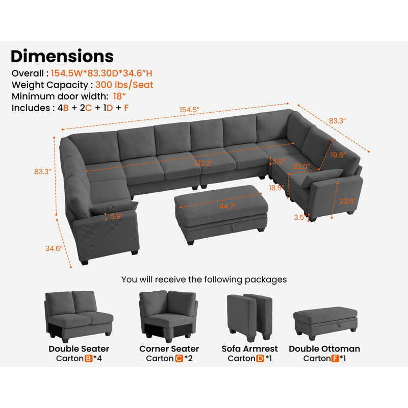 Latitude Run® Modular Sectional Couch| Corduroy U-Shape Sofa Bed Convertible Chaise With Storage Ottoman For Living Room Modern Furniture, 12 Seater Sleeper
