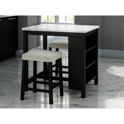Ensemble de salle à manger 3 pièces : table rectangulaire laquée avec rangement et tabourets à coussins bouclés, plateau en bois d'ingénierie noir et blanc, 2 tabourets à coussins.