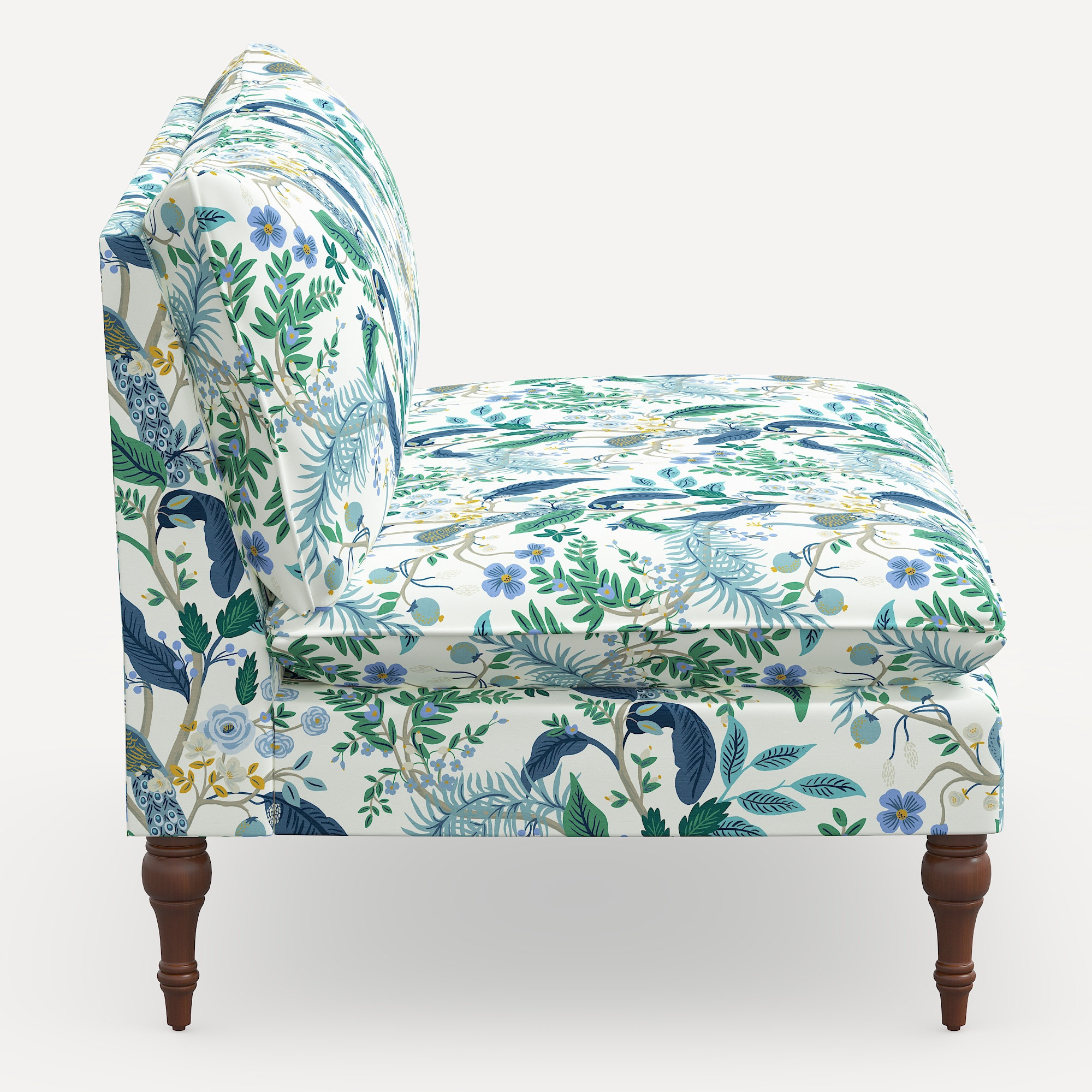 Rifle Paper Co. x Cloth & Company Louie Settee, Blue Peacock Linen Blend, Espresso Wood