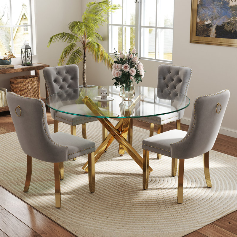 Ensemble de table de salle à manger 5 pièces, Gris/doré, H 29,5 po x L 47 po x l 47 po, Or