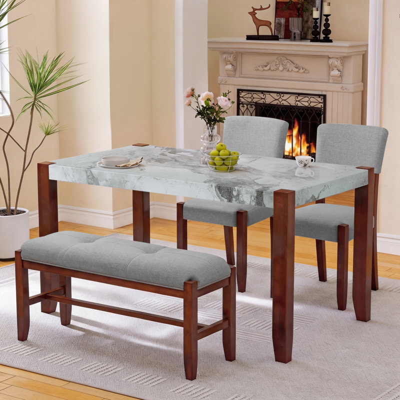 4 - Piece Dining Set, 2 Upholstered Chairs and 1 Bench, Rubber Wood Legs,Space-Saving, Dining Room