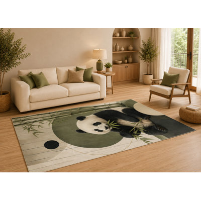 5' x 7' Cute Panda Bamboo Area Rug with Non-Slip Silicone Backing Low Pile Soft Carpet for Kids Bedroom Nursery Living Room Modern Wildlife Decor