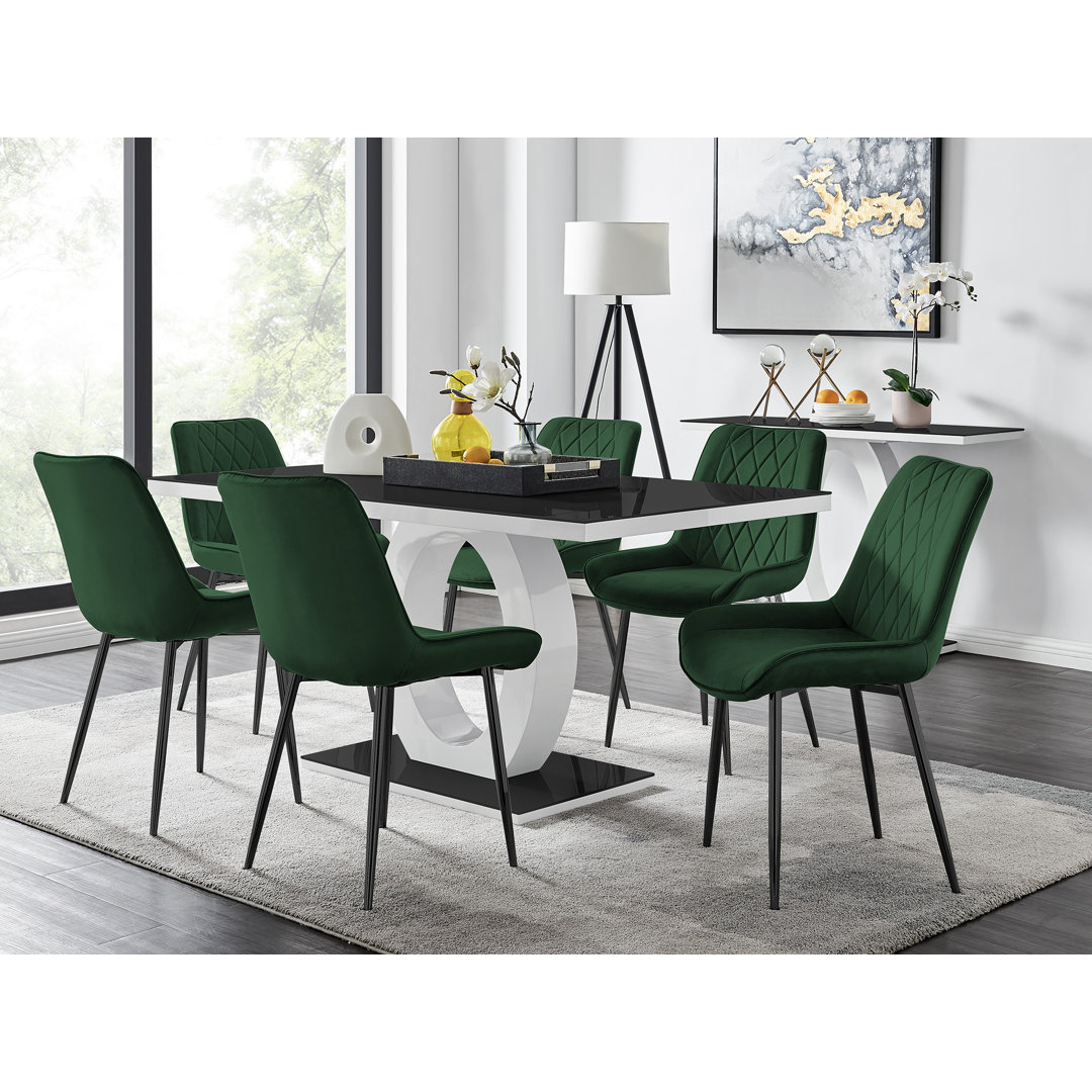 Scottsmoor Modern High Gloss & Glass Dining Set - 6 Luxury Velvet Mid-Century Upholstered Chairs