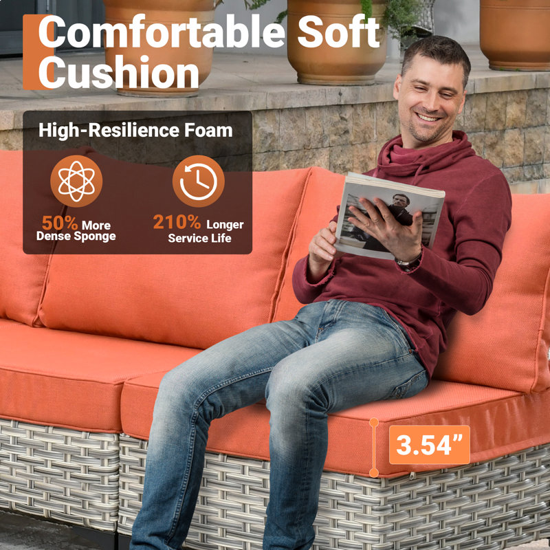 Emroy 6 - Person Wicker/Rattan Sectional Seating Group with Lighted Coffee Table and Swivel Chairs, All Weather Modular Outdoor Conversation Set with Cushions