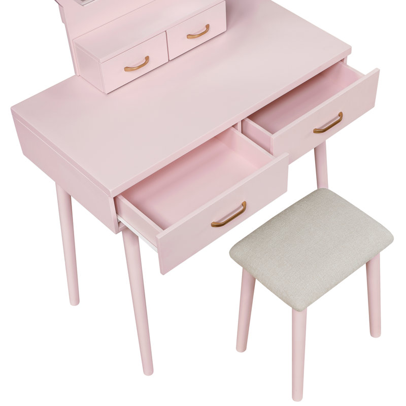 Pink Vanity Dresser Set With Mirror, Stool, And Storage Drawers For Bedroom | Gift Idea, Pink