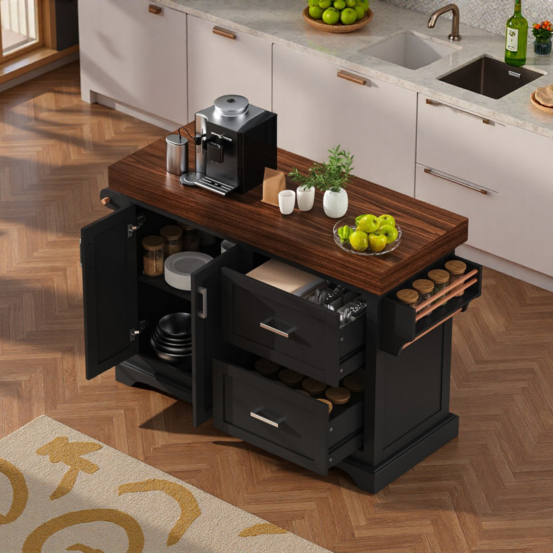 Grand îlot de cuisine avec bureau épais, porte-épices, porte-serviettes, 2 tiroirs et 5 roulettes, Black
