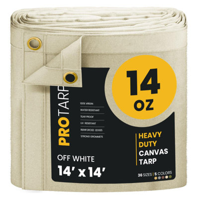 PROTARP Heavy Duty 14 OZ Water Resistant Canvas Tarp, UV Resistant Tarpaulin Cover with Rustproof Brass Grommets, Multipurpose for Canopy, Roof, Camping, Woodpile . (Off White)