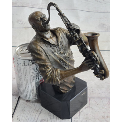 Black African American Saxaphone Player Jazz Musician Bronze Marble Statue 10" x 9"
