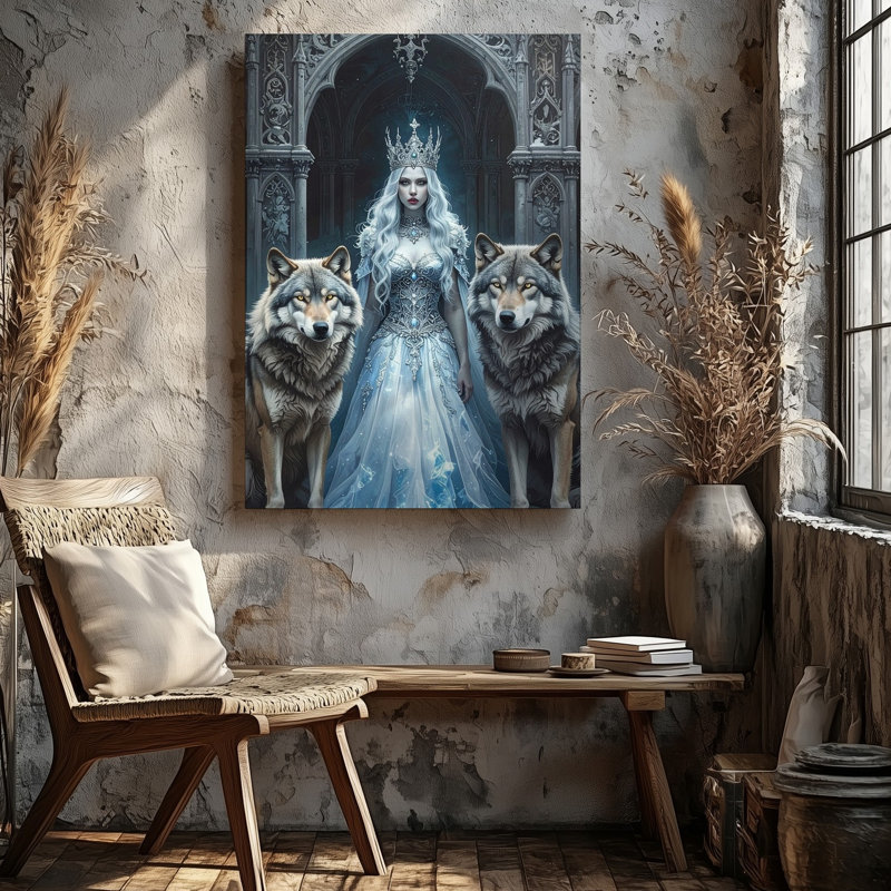 Toile, art mural, reine des glaces et loups, H 30 po x l 30 po